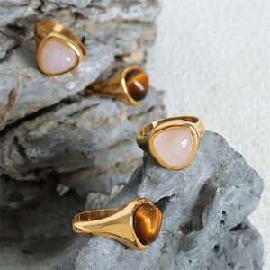 Anillo de Piedra Natural de Acero Inoxidable Fino y Elegante, Anillos de Piedra Ojo de Tigre Dorados para Mujer - Product Image 2