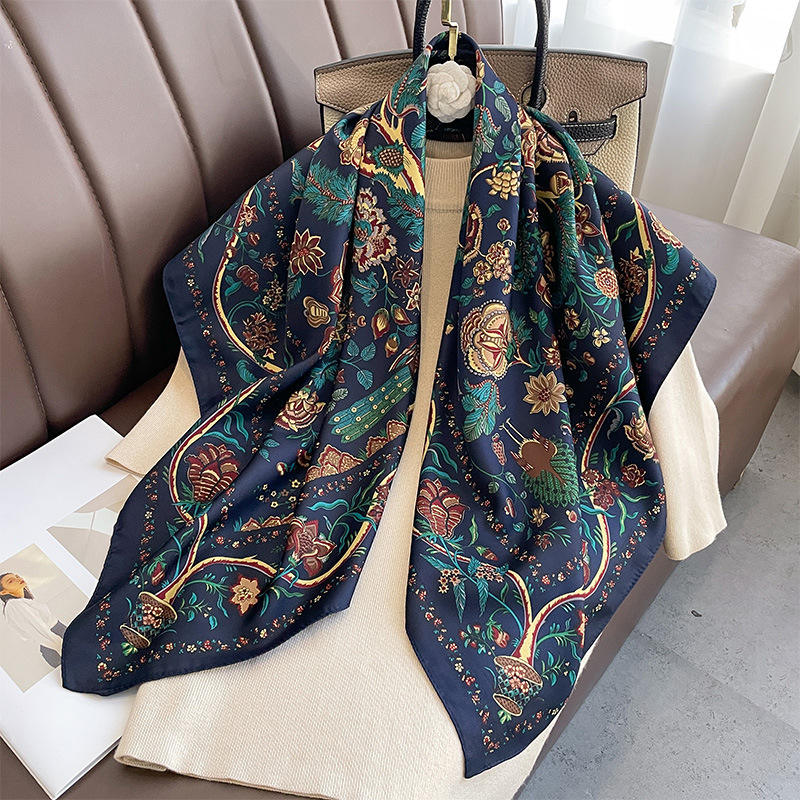 New Fancy Blue Flower Printed Silk Square Scarves Shawls Fashion