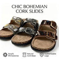 Sandales Bohèmes Perlées en Liège pour Femme, Style Ethnique, à Paillettes, à Double Boucle, avec Soutien de la Voûte Plantaire, Chaussures d'Été de Plage, Vente en Gros OEM ODM C1