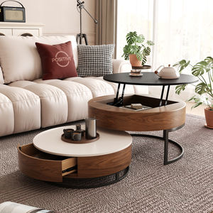 नोवा संगमरमर के शीर्ष राउंड नेस्टिंग सेंटर टेबल सेट ठोस लकड़ी 2 पीसी लिफ्ट भंडारण आधुनिक लिविंग रूम फर्नीचर के साथ कॉफी टेबल सेट अप - Product Image 1