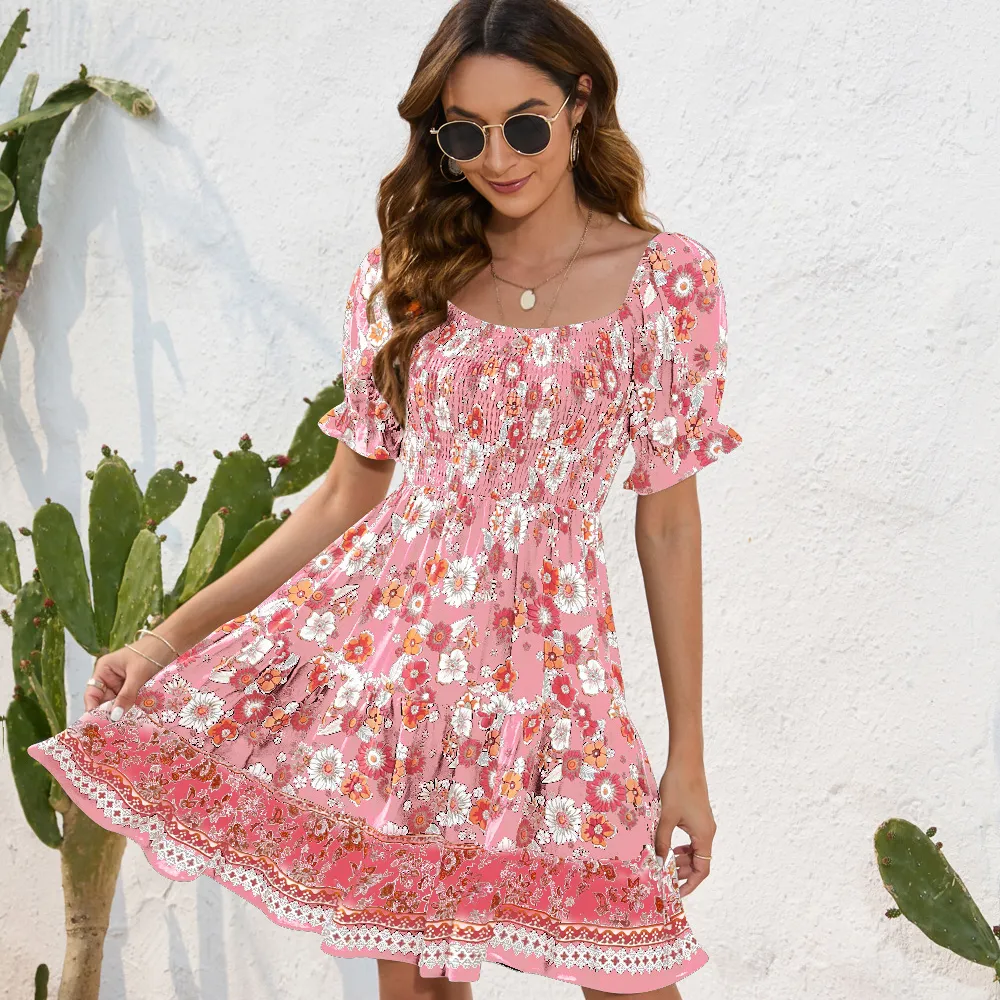 PRETTY STEPS printemps et été nouvelle robe taille pincée à imprimé floral pour femmes robe de voyage bohème loisirs station