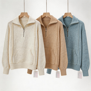 Private Label <span class=keywords><strong>Damen</strong></span> Halbzip-<span class=keywords><strong>Pullover</strong></span> Creme Pailletten-Gepunkteter Strickpullover mit Kängurutasche Locker Geschnittener Langarm-<span class=keywords><strong>Pullover</strong></span> mit Gerippten Bündchen - Product Image 2