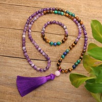 Collier de perles Mala 108 faites à la main en améthyste naturelle avec pendentif en alliage, ensemble collier et bracelet Chakra pour la prière, la méditation et le yoga