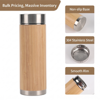 Bouteille isotherme en acier inoxydable avec coque en bambou naturel, sans BPA, à large ouverture, écologique, personnalisable avec logo et marque privée, 450 ml et 500 ml