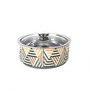 Casserole en céramique géométrique rétro avec couvercle en verre, revêtement émaillé, durable, passe au lave-vaisselle, compatible gaz et induction - Product Image 1