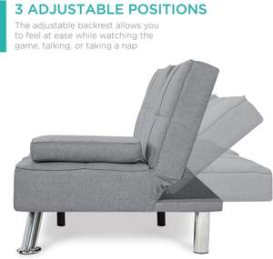 Canapé-lit futon moderne en lin pliable et inclinable pour appartement ou dortoir avec accoudoirs amovibles, <span class=keywords><strong>2</strong></span> porte-gobelets, 3 places, gris - Product Image 4