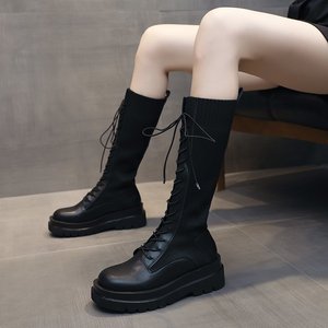HANO automne et hiver Plus bottes en cuir de coton bottes à lacets au genou pour femmes bout rond croix Style britannique chaussures de chevalier - Product Image 3