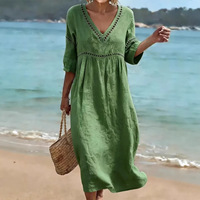 En stock, livraison rapide, robe midi décontractée à col en V pour femmes, robe de plage, vente en gros, livraison rapide, tenue de boutique
