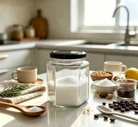 Stoples Kaca Heksagonal dengan Tutup Logam Hitam, Stoples Kaca Bening untuk Madu, Selai, Rempah-rempah, dan Makanan Kering untuk Penyimpanan Dapur