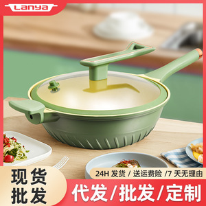 Nonstick Maifan Stone Frying Pan Avocado Green Round Wok With Lid For Healthy Cooking 28cm - Product Image 5