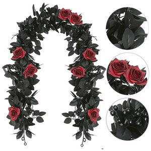 Guirlande de roses artificielles Zongwang pour Halloween, feuilles noires, fleurs rouges, 180 cm, décoration intérieure et extérieure - Product Image 1