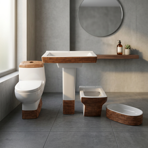 Latest Wooden Double Color Designer Art Modern One Piece Toilet with Wall Hung Wash <b>Basin</b> Pedestal and Table Top Sink Lavabo Set - Product Image 1