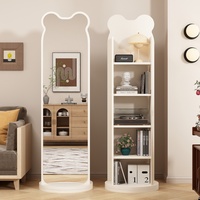 Miroir sur pied rotatif à 360 degrés en forme d'ours mignon avec étagère de rangement et bibliothèque multi-niveaux, miroir de dressing