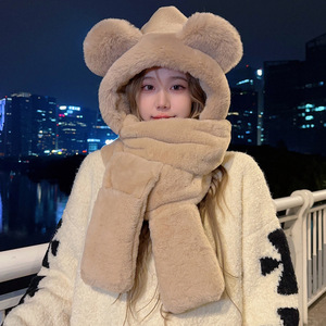 Conjunto de tres piezas de felpa para invierno: bufanda, gorro y guantes de piel de conejo Rex para mujer adulta, elegante para el día a día. - Product Image 1