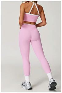 <span class=keywords><strong>Ensemble</strong></span> de sport 2 pièces pour <span class=keywords><strong>femme</strong></span>, couleur contrastée, sans couture, taille haute, effet push-up, débardeur dos croisé et pantalon évasé, OEM - Product Image 6