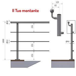 Pasamanos vertical A4 de 42,4mm para 3 travesaños, acabado satinado, AISI 316, barandillas de fijación de altura del suelo - Product Image 1