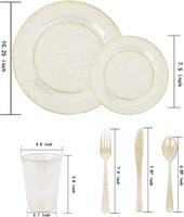 175 pièces de vaisselle en plastique doré pailleté avec couverts et gobelets, comprenant 50 assiettes, 50 fourchettes, 25 couteaux, 25 cuillères, 25 gobelets