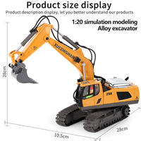 Jouets d'excavatrice RC en alliage à 11 canaux, 1:20, 2.4G, véhicule d'ingénierie télécommandé avec lumière et musique, cadeau d'anniversaire, chargeur inclus