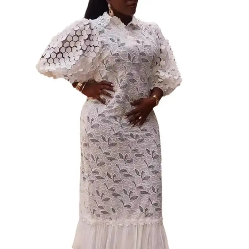 Oversized Women'S Clothing With Lace Embroidery Loose Slim Fit Shirt Long Dress Abaya African Lady Elegant Jacquard Weave Dress