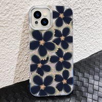 Coque de téléphone portable en PC avec motif floral noir à l'encre d'eau et motif de soie argentée pour iPhone 8 X Xr Xs Max 11 12 13 14 15 16 17 Air