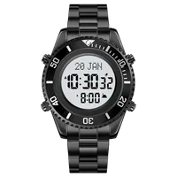 Montre numérique de luxe personnalisable en acier inoxydable avec boussole de prière musulmane, réveil Adhan, rétroéclairage et affichage de l'heure Azan, montres islamiques Hijri