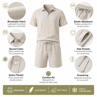 Ensemble de costume d'été pour homme en lin pur, chemise à manches courtes à col polo et short assorti avec cordon élastique