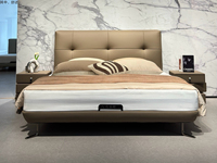 Lit en cuir véritable de luxe moderne de la série Guste, lit rembourré marron foncé avec sommier en pin massif, chambre à coucher haut de gamme