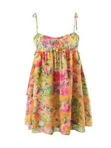 Arc froncé soutien-gorge <span class=keywords><strong>Corset</strong></span> Style fleur imprimé Spaghetti sangle Mini Robe femmes dos nu patineur laç<span class=keywords><strong>age</strong></span> fronde Robe vacances - Product Image 5