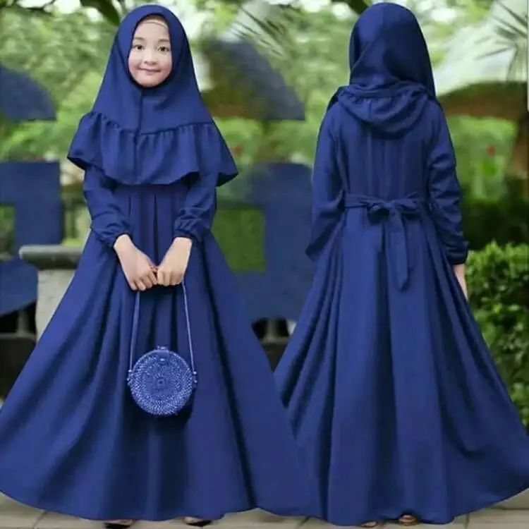Mavi renk çocuk kız ramazan Abaya başörtüsü tam kız ve çocuk uzun kollu yuvarlak boyunlu elbise ve başörtüsü iki parçalı