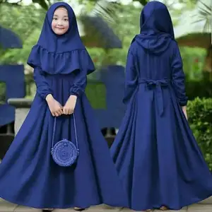 Blauwe Kleur Kinderen Meisjes Ramadan Abaya Met Hijab Volledige Meisjes En Kinderen Lange Mouwen Ronde Hals Jurk En Hoofddoek Tweedelig