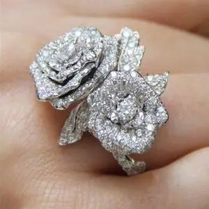 CAOSHI Hot Selling Noble Rose Flowers Design Finger Ring Women Wedding Silver Plated Imitated Diamond Jewelry Statement CZ Rings