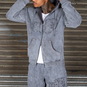 Custom Two Piece Sweatsuit Track Short Set <strong>Summer</strong> Distressing Embroidery Tracksuit Zip up Hoodie and Shorts <strong>Jacket</strong> Sets <strong>Men</strong> - Product Image 2