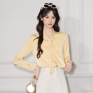 Yellow <b>Satin</b> Long Sleeve <b>Blouse</b> With Tie Neck Office Wear Women's Shirt Solid Color Polyester Q6256 - Product Image 1