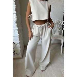 Conjunto Casual Moderno de Dos Piezas de Lali, Top Corto Beige Sólido y Falda Larga, Talla XL para Verano - Product Image 6