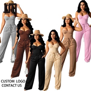 Liu Ming özel toptan düz renk 2 parça Set kadınlar Casual kolsuz üstler tayt geniş bacak pantolon kıyafetler - Product Image 1