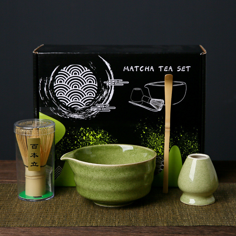 Bol à matcha vert foncé, ensemble de 4 pièces (xian) + boîte de couleur