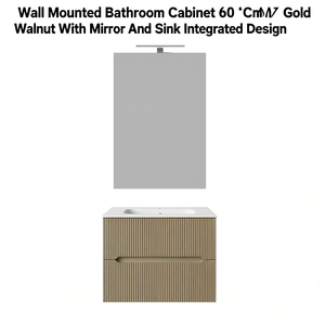 Meuble de salle de bain mural 60 cm en noyer doré avec miroir et lavabo intégrés - Product Image 3