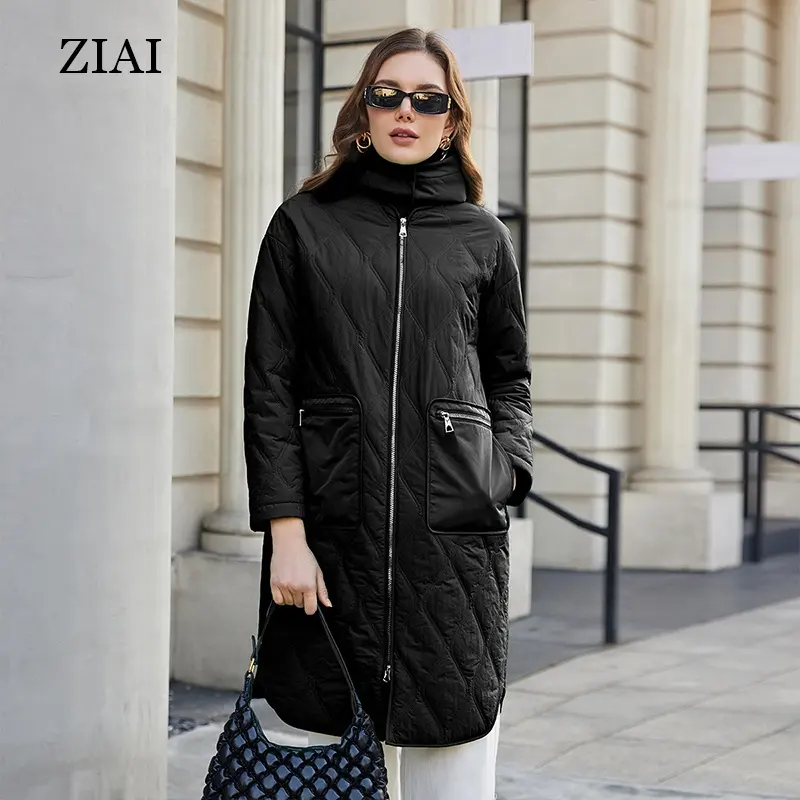 2023 Fashion Ladies Quilted Puffer Coat Diamond Quilted Longline Puffer Coat With Funnel Neck In Green