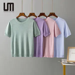 قميص نسائي من Liu Ming للخروجات اليومية على الموضة في الربيع والصيف 2024 برقبة دائرية وأكمام قصيرة من التريكو قميص أساسي للخروج للنساء