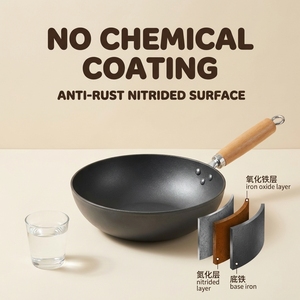 <span class=keywords><strong>Wok</strong></span> FLEY de Hierro Fundido sin Recubrimiento, Antiadherente, de Boca Ancha, con Mango de Madera y Tapa de Vidrio, Compatible con Estufas de Gas e Inducción - Product Image 2