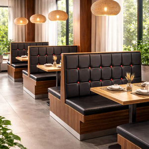 Set di Arredamento per Ristoranti con Divanetti in Pelle, Tavoli in Legno e Sedie Imbottite per Hotel e Caffè di Lusso - Product Image 1