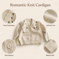 Kardigan Kancing Kerah Ruffle Bordir Bunga untuk Anak Perempuan dengan Detail Mutiara, Sweater Anak Custom OEM Pabrik