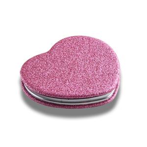 Heart Shaped <b>Compact</b> <b>Mirror</b> Custom Logo Pink Glitter PU Leather Heart <b>Mirror</b> for Valentine's Day - Product Image 4