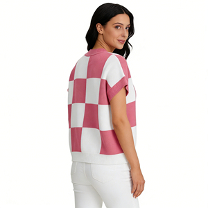 Chic Checkerboard Knit <strong>Top</strong>, Short Sleeve Crew Neck Sweater, Loose Fit Casual Blouse, Women's <strong>Checkered</strong> Knit <strong>Top</strong> - Product Image 4