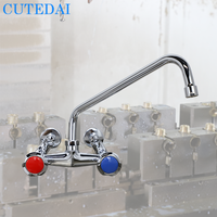 Robinet de lavabo industriel en laiton de 12 pouces avec poignée rouge et bleue, finition chromée, montage mural, deux trous, rotation à 360 degrés, facile à installer