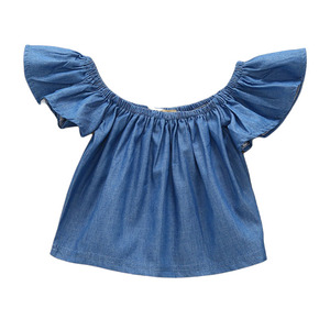 Los niños pantalones vaqueros Tops bebé Niñas Ropa Jersey Falbala hombro Tops aleteo manga camiseta niños ropa de niña - Product Image 1
