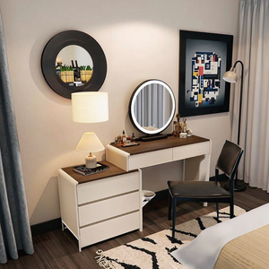 Bàn trang điểm gỗ nguyên khối phong cách hiện đại có gương đèn, màu óc chó kem, 5 ngăn kéo lớn - Product Image 2