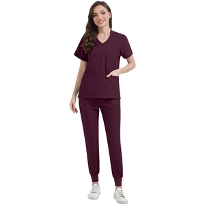 Women's Navy Blue V-Neck <b>Scrub</b> Set Short Sleeve Top <b>Jogger</b> Pants Hospital Uniform Nurse Doctor Workwear - Product Image 2