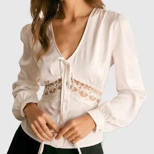 Hollow Out Blouses And Shirts Tops Button Puff Long Sleeve White Vintage Elegant Youth Lady Crop Cotton Blouse For Women