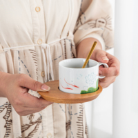 Service à café et thé en porcelaine style chinois avec motif lotus et poisson koi, soucoupe en bois, cuillère dorée, qualité alimentaire, écologique, design personnalisable
